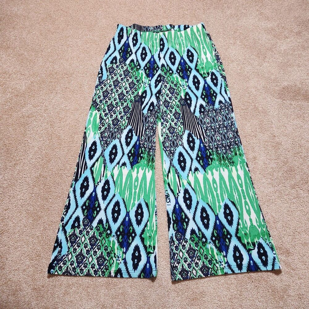 Chico's Travelers Pants Women 1 US 8 Green Geometric Print Wide Leg Slinky Knit